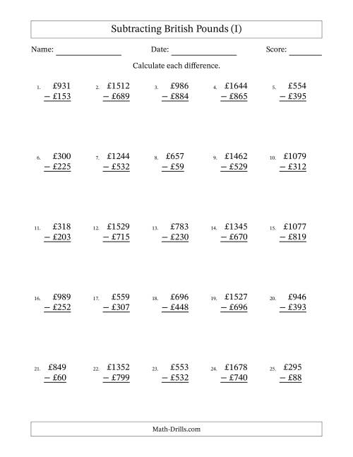 The Subtracting British Pounds With Amounts from 1 to 999 in Increments of One Pound (I) Math Worksheet