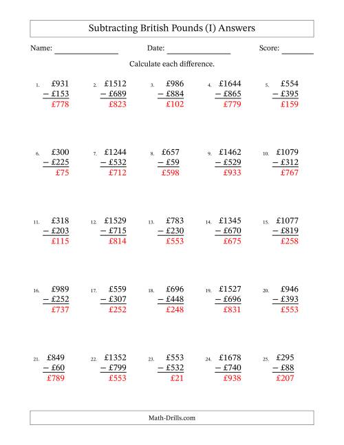 The Subtracting British Pounds With Amounts from 1 to 999 in Increments of One Pound (I) Math Worksheet Page 2