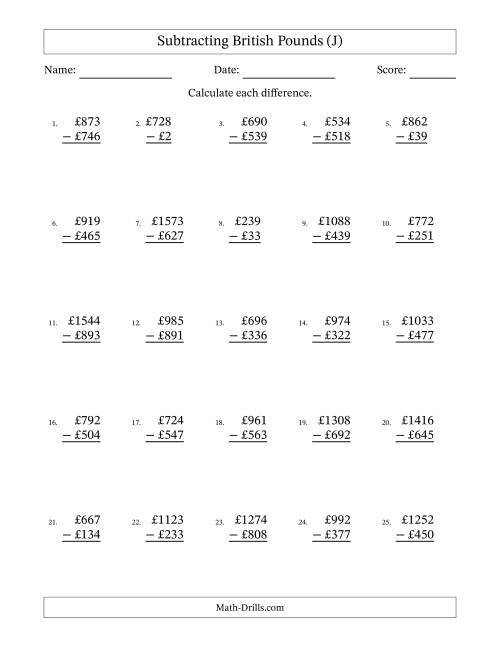 The Subtracting British Pounds With Amounts from 1 to 999 in Increments of One Pound (J) Math Worksheet