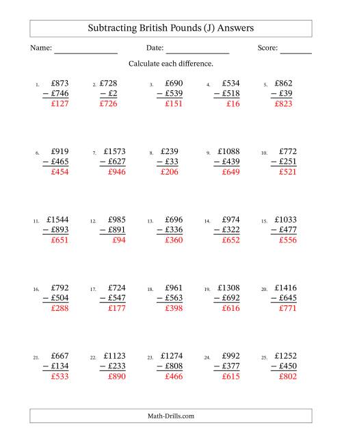 The Subtracting British Pounds With Amounts from 1 to 999 in Increments of One Pound (J) Math Worksheet Page 2