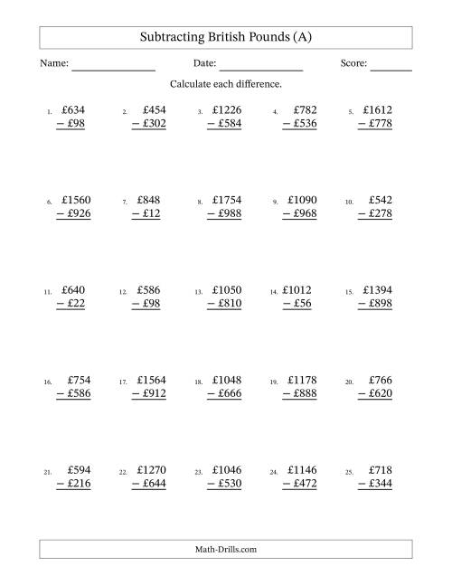 The Subtracting British Pounds With Amounts from 2 to 998 in Increments of Two Pounds (A) Math Worksheet