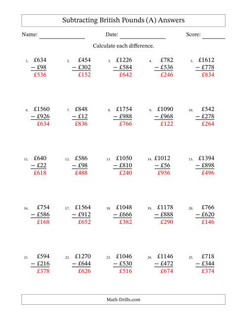 The Subtracting British Pounds With Amounts from 2 to 998 in Increments of Two Pounds (A) Math Worksheet Page 2