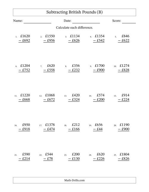 The Subtracting British Pounds With Amounts from 2 to 998 in Increments of Two Pounds (B) Math Worksheet