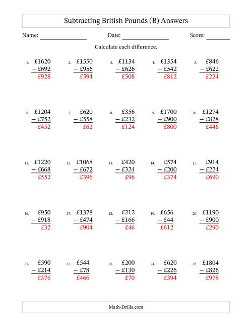 The Subtracting British Pounds With Amounts from 2 to 998 in Increments of Two Pounds (B) Math Worksheet Page 2