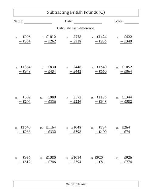 The Subtracting British Pounds With Amounts from 2 to 998 in Increments of Two Pounds (C) Math Worksheet