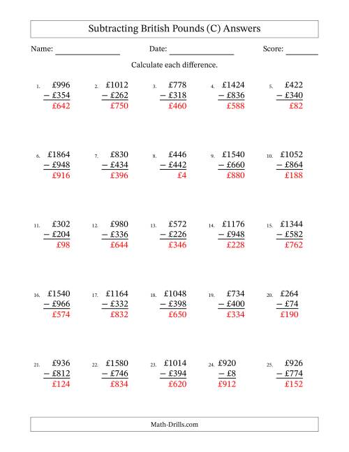 The Subtracting British Pounds With Amounts from 2 to 998 in Increments of Two Pounds (C) Math Worksheet Page 2