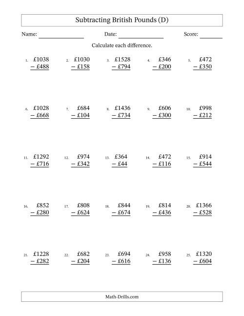 The Subtracting British Pounds With Amounts from 2 to 998 in Increments of Two Pounds (D) Math Worksheet