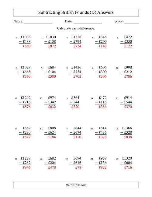 The Subtracting British Pounds With Amounts from 2 to 998 in Increments of Two Pounds (D) Math Worksheet Page 2