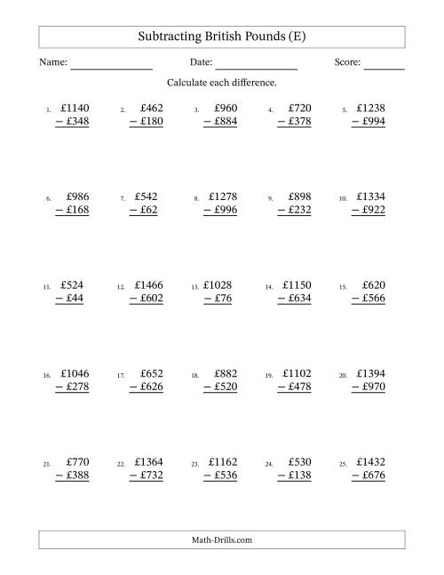 The Subtracting British Pounds With Amounts from 2 to 998 in Increments of Two Pounds (E) Math Worksheet