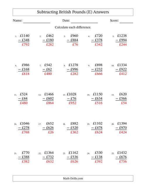 The Subtracting British Pounds With Amounts from 2 to 998 in Increments of Two Pounds (E) Math Worksheet Page 2