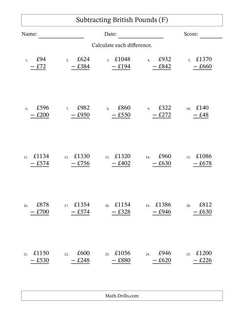 The Subtracting British Pounds With Amounts from 2 to 998 in Increments of Two Pounds (F) Math Worksheet