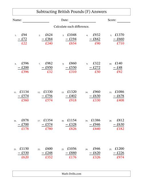 The Subtracting British Pounds With Amounts from 2 to 998 in Increments of Two Pounds (F) Math Worksheet Page 2