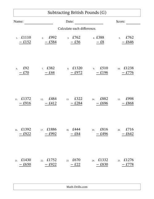 The Subtracting British Pounds With Amounts from 2 to 998 in Increments of Two Pounds (G) Math Worksheet