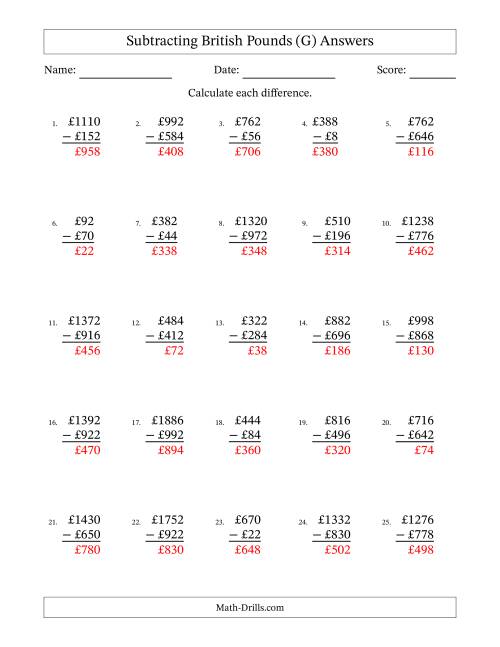 The Subtracting British Pounds With Amounts from 2 to 998 in Increments of Two Pounds (G) Math Worksheet Page 2