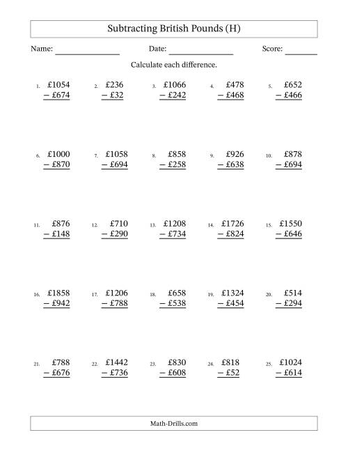 The Subtracting British Pounds With Amounts from 2 to 998 in Increments of Two Pounds (H) Math Worksheet