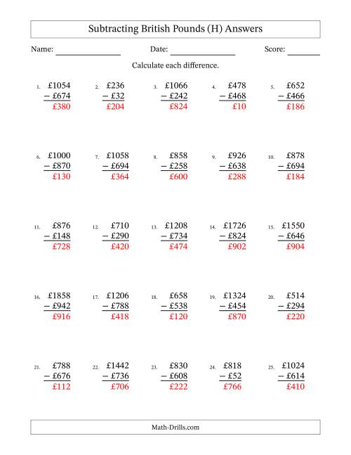 The Subtracting British Pounds With Amounts from 2 to 998 in Increments of Two Pounds (H) Math Worksheet Page 2