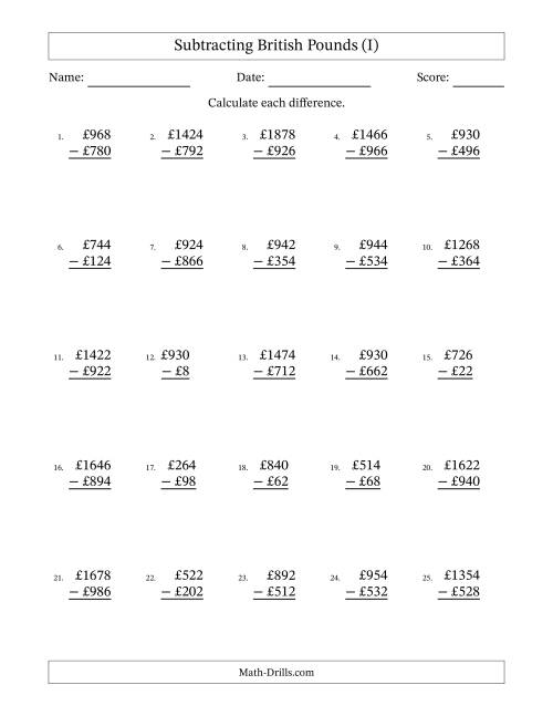 The Subtracting British Pounds With Amounts from 2 to 998 in Increments of Two Pounds (I) Math Worksheet