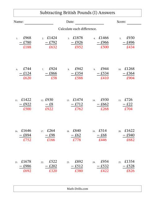 The Subtracting British Pounds With Amounts from 2 to 998 in Increments of Two Pounds (I) Math Worksheet Page 2