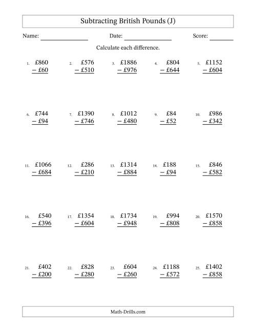 The Subtracting British Pounds With Amounts from 2 to 998 in Increments of Two Pounds (J) Math Worksheet