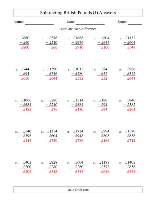 The Subtracting British Pounds With Amounts from 2 to 998 in Increments of Two Pounds (J) Math Worksheet Page 2