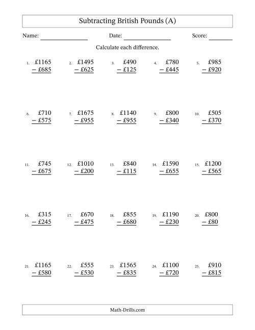 The Subtracting British Pounds With Amounts from 5 to 995 in Increments of Five Pounds (A) Math Worksheet