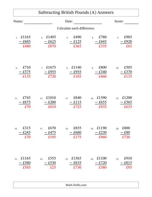 The Subtracting British Pounds With Amounts from 5 to 995 in Increments of Five Pounds (A) Math Worksheet Page 2