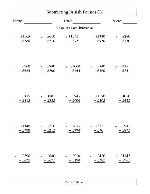 The Subtracting British Pounds With Amounts from 5 to 995 in Increments of Five Pounds (B) Math Worksheet