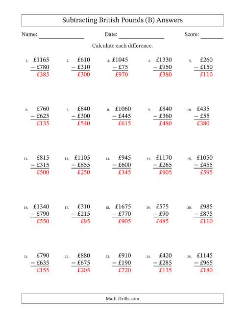 The Subtracting British Pounds With Amounts from 5 to 995 in Increments of Five Pounds (B) Math Worksheet Page 2