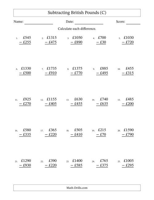 The Subtracting British Pounds With Amounts from 5 to 995 in Increments of Five Pounds (C) Math Worksheet