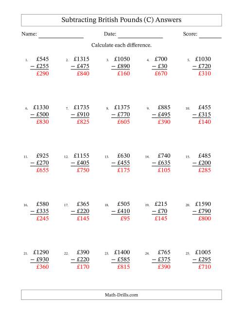 The Subtracting British Pounds With Amounts from 5 to 995 in Increments of Five Pounds (C) Math Worksheet Page 2