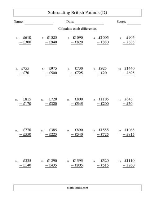 The Subtracting British Pounds With Amounts from 5 to 995 in Increments of Five Pounds (D) Math Worksheet