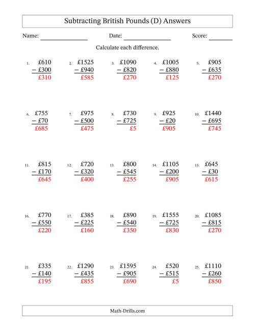 The Subtracting British Pounds With Amounts from 5 to 995 in Increments of Five Pounds (D) Math Worksheet Page 2