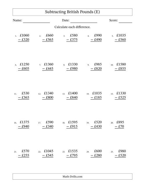 The Subtracting British Pounds With Amounts from 5 to 995 in Increments of Five Pounds (E) Math Worksheet