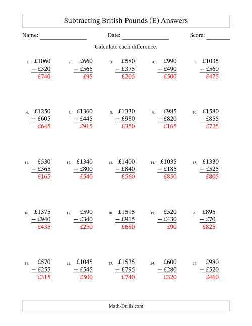 The Subtracting British Pounds With Amounts from 5 to 995 in Increments of Five Pounds (E) Math Worksheet Page 2