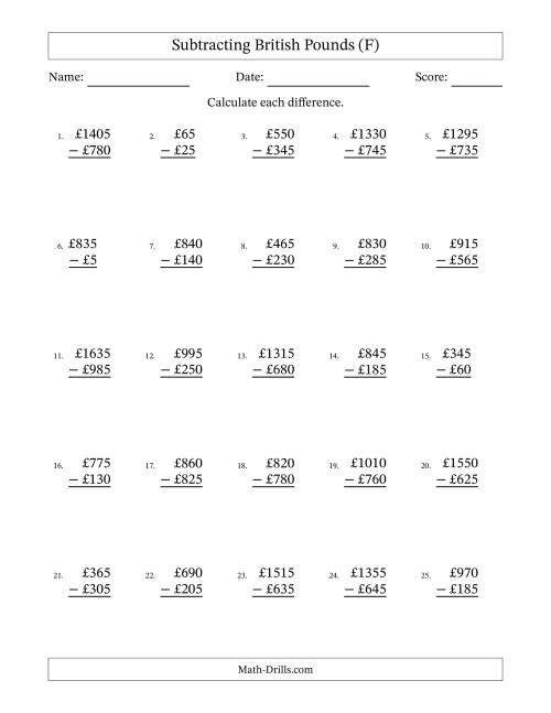 The Subtracting British Pounds With Amounts from 5 to 995 in Increments of Five Pounds (F) Math Worksheet