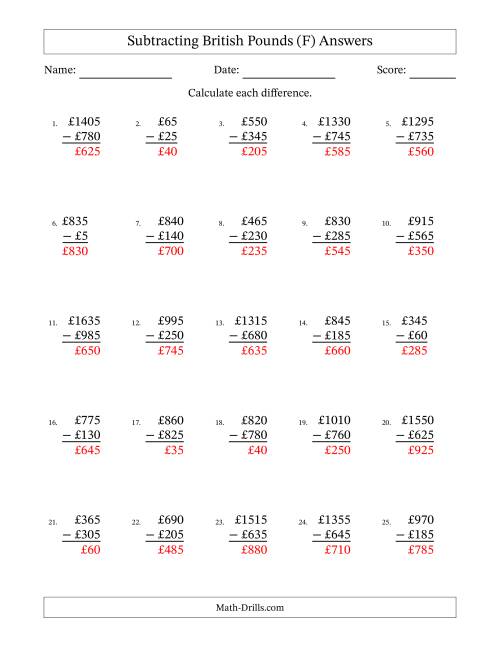 The Subtracting British Pounds With Amounts from 5 to 995 in Increments of Five Pounds (F) Math Worksheet Page 2