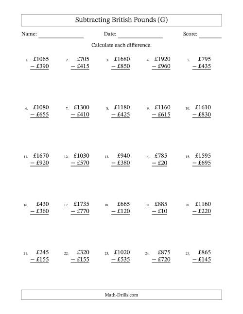 The Subtracting British Pounds With Amounts from 5 to 995 in Increments of Five Pounds (G) Math Worksheet