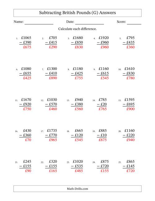 The Subtracting British Pounds With Amounts from 5 to 995 in Increments of Five Pounds (G) Math Worksheet Page 2