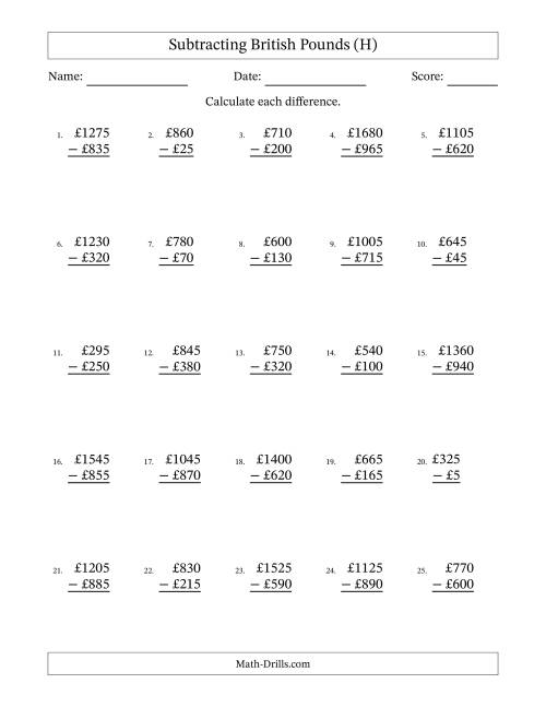 The Subtracting British Pounds With Amounts from 5 to 995 in Increments of Five Pounds (H) Math Worksheet