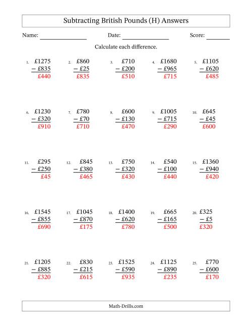 The Subtracting British Pounds With Amounts from 5 to 995 in Increments of Five Pounds (H) Math Worksheet Page 2