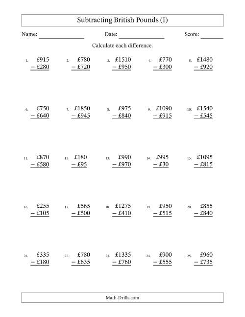 The Subtracting British Pounds With Amounts from 5 to 995 in Increments of Five Pounds (I) Math Worksheet