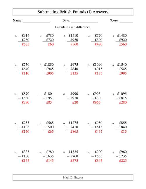 The Subtracting British Pounds With Amounts from 5 to 995 in Increments of Five Pounds (I) Math Worksheet Page 2