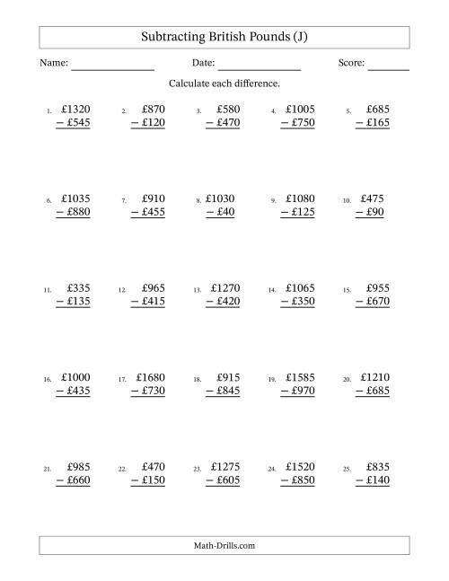 The Subtracting British Pounds With Amounts from 5 to 995 in Increments of Five Pounds (J) Math Worksheet