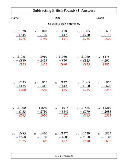 The Subtracting British Pounds With Amounts from 5 to 995 in Increments of Five Pounds (J) Math Worksheet Page 2