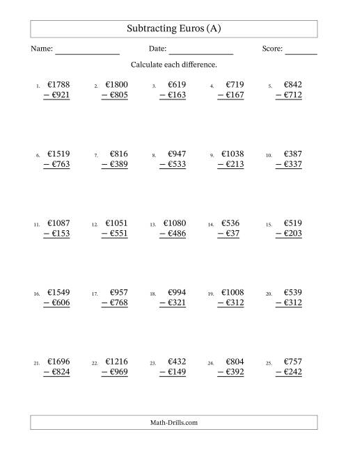 The Subtracting Euros With Amounts from 1 to 999 in Increments of One Euro (A) Math Worksheet