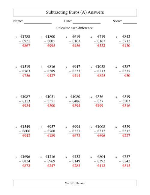 The Subtracting Euros With Amounts from 1 to 999 in Increments of One Euro (A) Math Worksheet Page 2