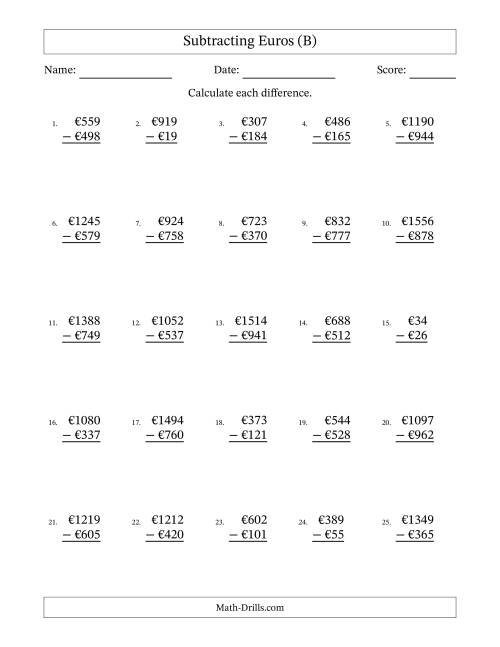 The Subtracting Euros With Amounts from 1 to 999 in Increments of One Euro (B) Math Worksheet