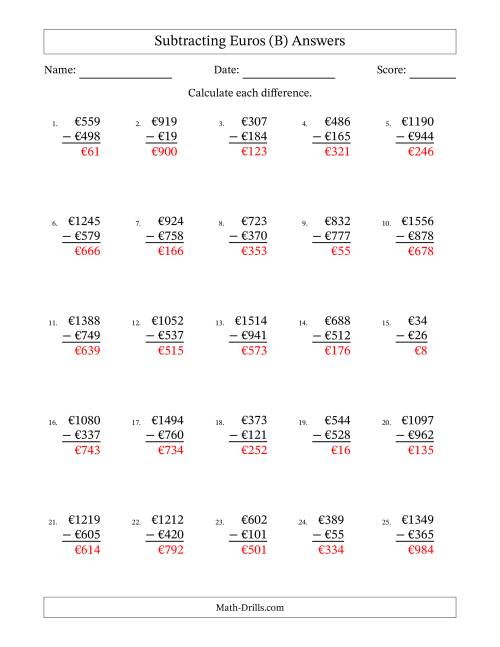 The Subtracting Euros With Amounts from 1 to 999 in Increments of One Euro (B) Math Worksheet Page 2