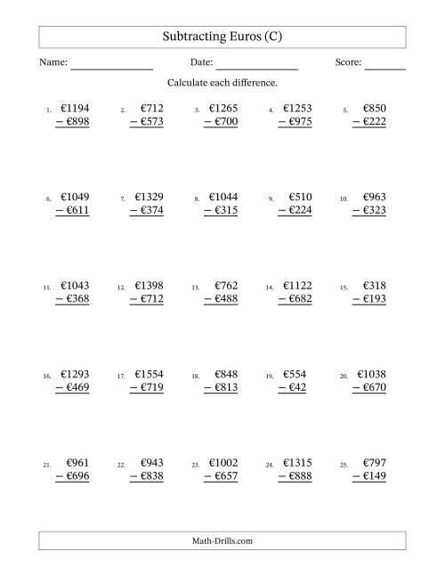 The Subtracting Euros With Amounts from 1 to 999 in Increments of One Euro (C) Math Worksheet