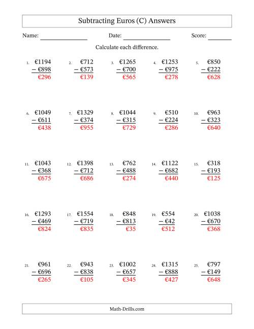 The Subtracting Euros With Amounts from 1 to 999 in Increments of One Euro (C) Math Worksheet Page 2